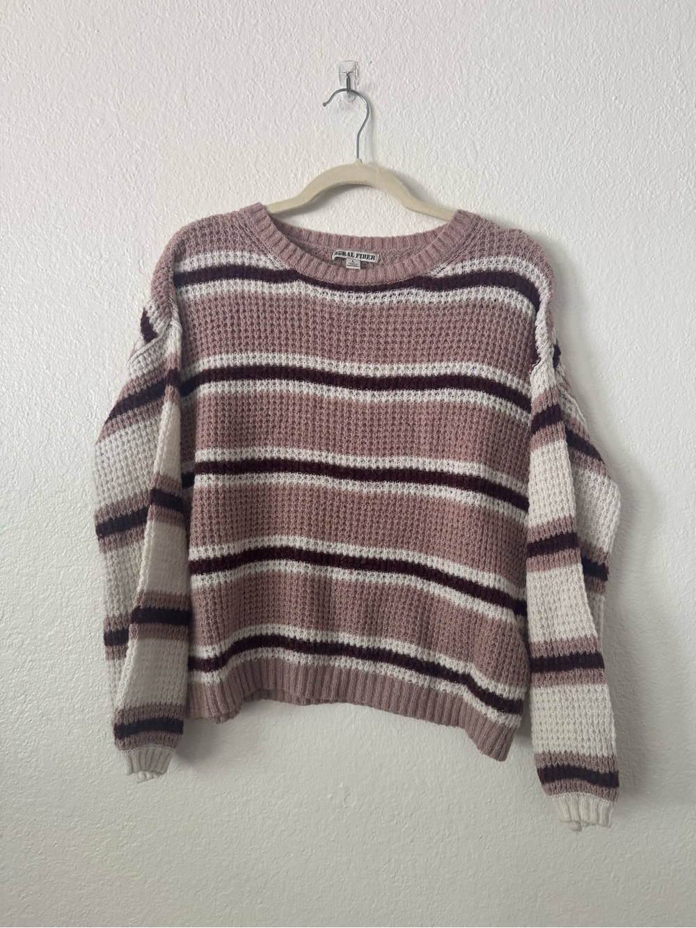 Moral Fiber Striped Waffle-Knit Crewneck Sweater - Mauve, Cream & Wine